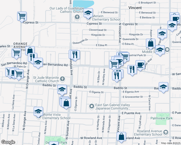 map of restaurants, bars, coffee shops, grocery stores, and more near 4120 North Walnuthaven Drive in Covina
