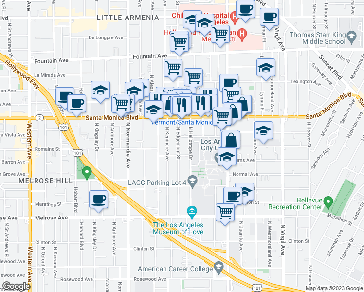 map of restaurants, bars, coffee shops, grocery stores, and more near 922 North Edgemont Street in Los Angeles