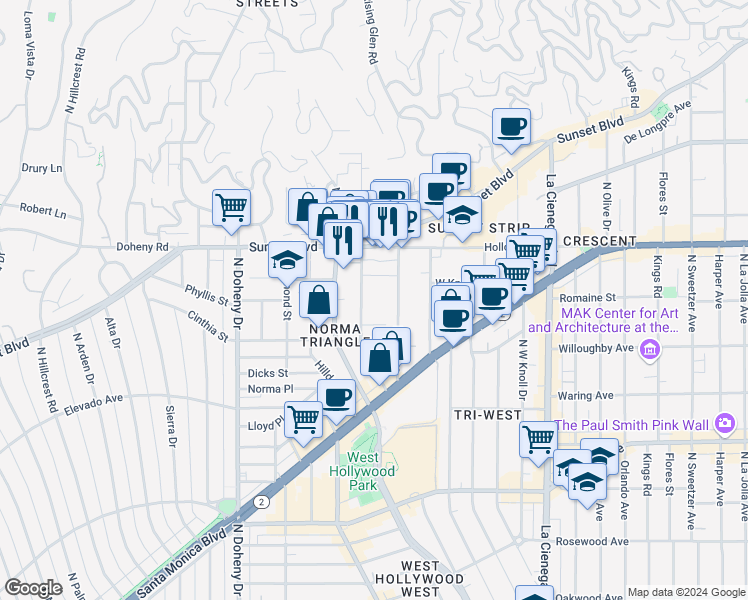 map of restaurants, bars, coffee shops, grocery stores, and more near 960 Larrabee Street in West Hollywood