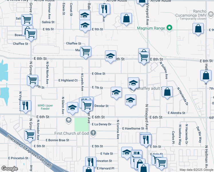 map of restaurants, bars, coffee shops, grocery stores, and more near 1698 East Highland Street in Ontario
