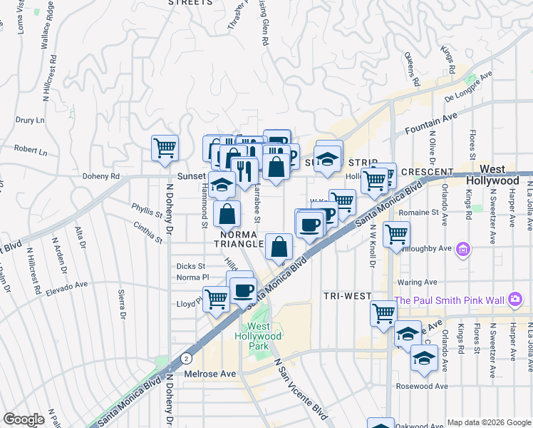 map of restaurants, bars, coffee shops, grocery stores, and more near 960 Larrabee Street in West Hollywood
