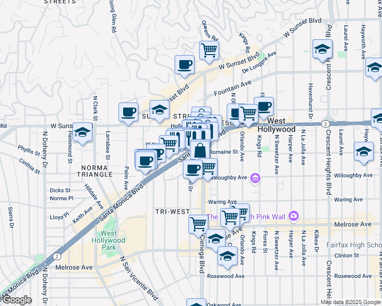 map of restaurants, bars, coffee shops, grocery stores, and more near Santa Monica Boulevard & West Knoll Drive in West Hollywood