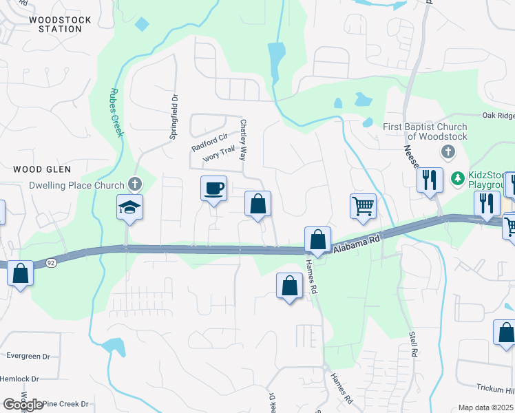map of restaurants, bars, coffee shops, grocery stores, and more near 717 Woodstock Grove Drive in Woodstock