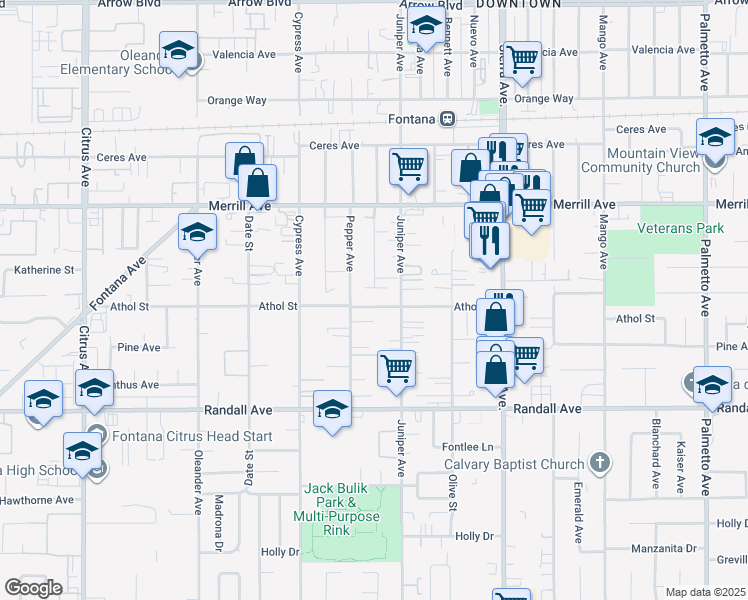 map of restaurants, bars, coffee shops, grocery stores, and more near 16646 Athol Street in Fontana