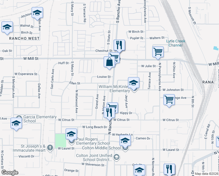 map of restaurants, bars, coffee shops, grocery stores, and more near 813 West Johnston Street in Colton