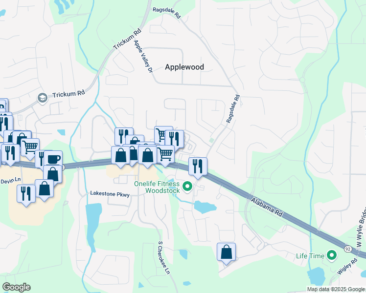 map of restaurants, bars, coffee shops, grocery stores, and more near 142 Weatherstone Square Drive in Woodstock