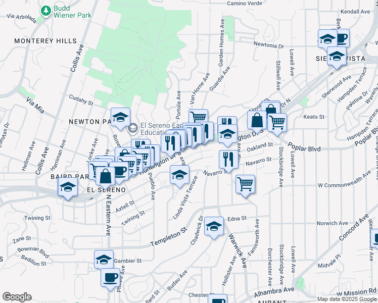 map of restaurants, bars, coffee shops, grocery stores, and more near 5053 1/2 Huntington Drive North in Los Angeles