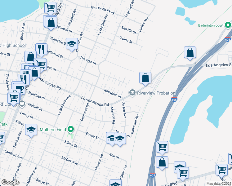 map of restaurants, bars, coffee shops, grocery stores, and more near 12109 Roseglen Street in El Monte