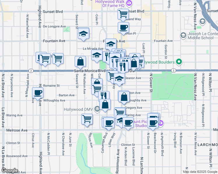 map of restaurants, bars, coffee shops, grocery stores, and more near 6311 Romaine Street in Los Angeles