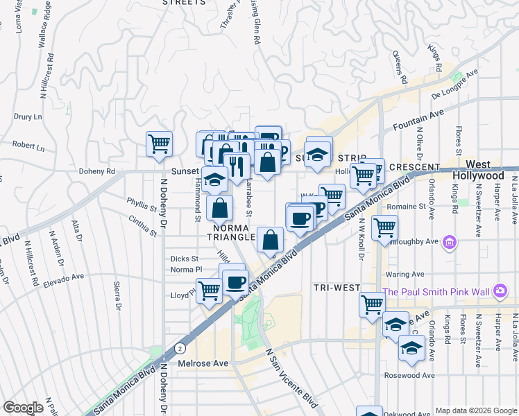 map of restaurants, bars, coffee shops, grocery stores, and more near 965 Larrabee Street in West Hollywood