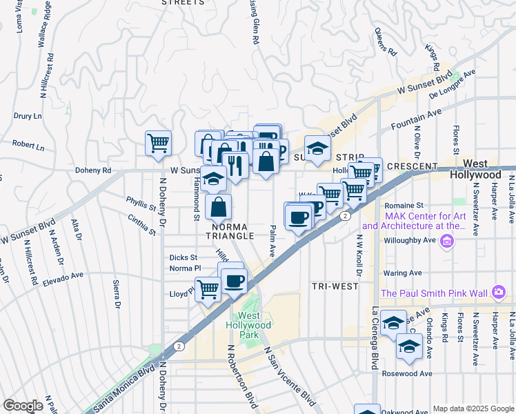 map of restaurants, bars, coffee shops, grocery stores, and more near 960 Larrabee Street in West Hollywood