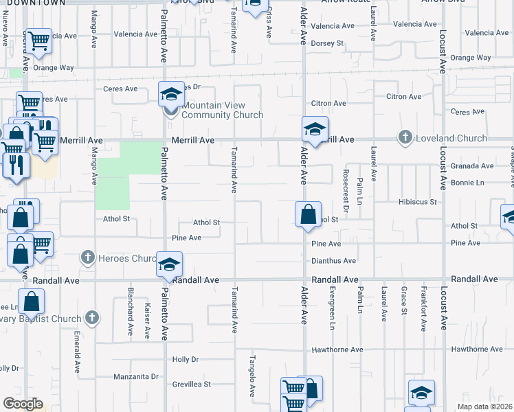 map of restaurants, bars, coffee shops, grocery stores, and more near 9092 Tangelo Avenue in Fontana