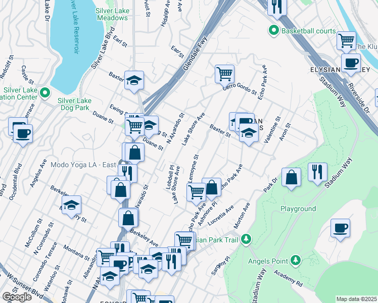 map of restaurants, bars, coffee shops, grocery stores, and more near 1942 Lake Shore Avenue in Los Angeles
