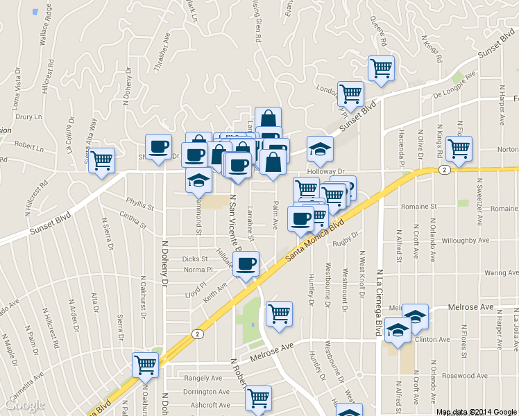 map of restaurants, bars, coffee shops, grocery stores, and more near 960 Larrabee Street in West Hollywood