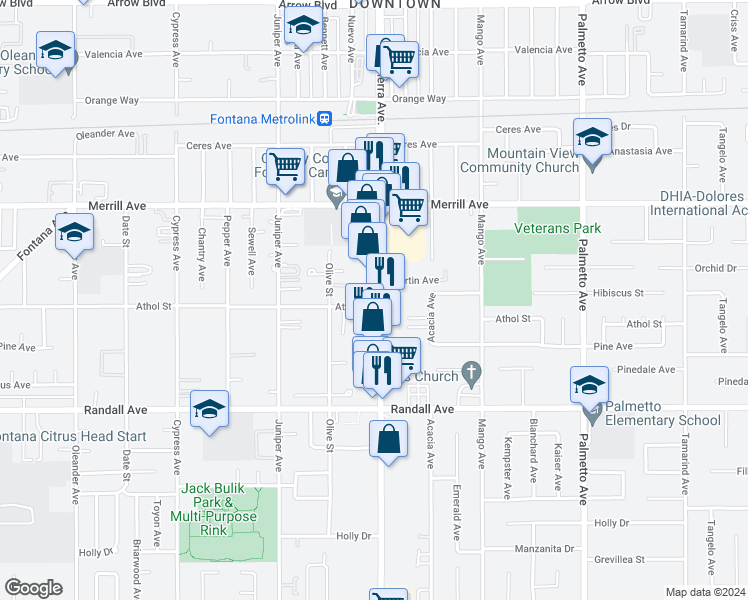 map of restaurants, bars, coffee shops, grocery stores, and more near 9098 Sierra Avenue in Fontana