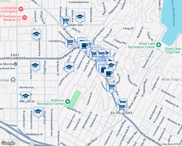 map of restaurants, bars, coffee shops, grocery stores, and more near 1409 Maltman Avenue in Los Angeles