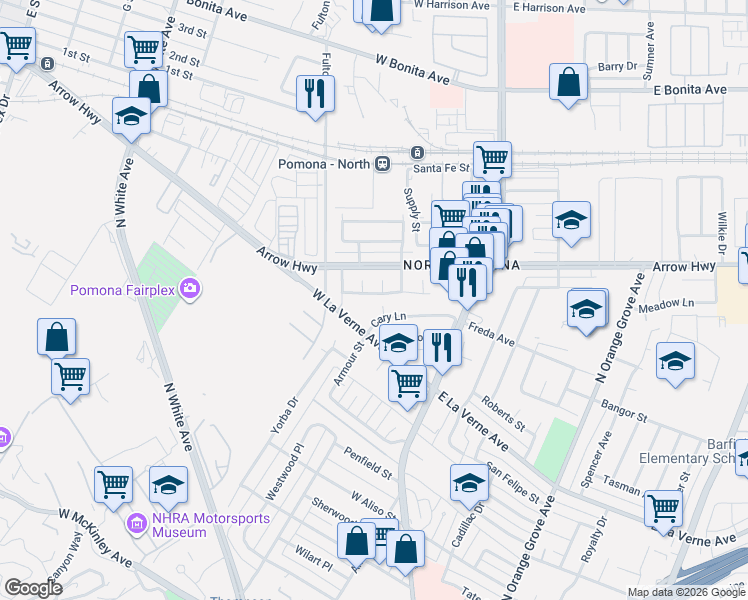 map of restaurants, bars, coffee shops, grocery stores, and more near 339 Golden Carriage Lane in Pomona