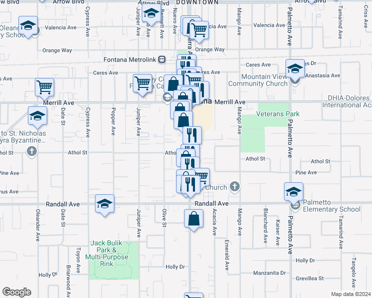 map of restaurants, bars, coffee shops, grocery stores, and more near 9098 Sierra Avenue in Fontana