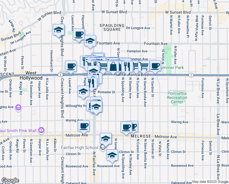 map of restaurants, bars, coffee shops, grocery stores, and more near 1004 North Genesee Avenue in West Hollywood