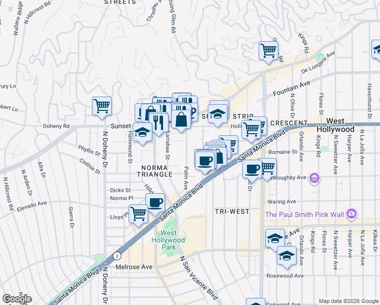 map of restaurants, bars, coffee shops, grocery stores, and more near in West Hollywood