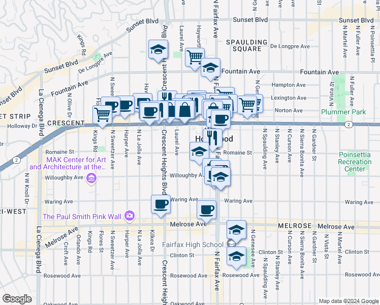 map of restaurants, bars, coffee shops, grocery stores, and more near Romaine Street & North Edinburgh Avenue in Los Angeles