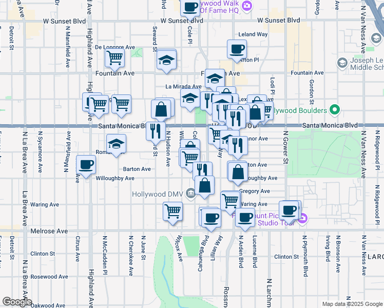 map of restaurants, bars, coffee shops, grocery stores, and more near 6415 Romaine Street in Los Angeles