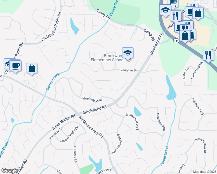 map of restaurants, bars, coffee shops, grocery stores, and more near 3565 Evonvale Overlook in Cumming