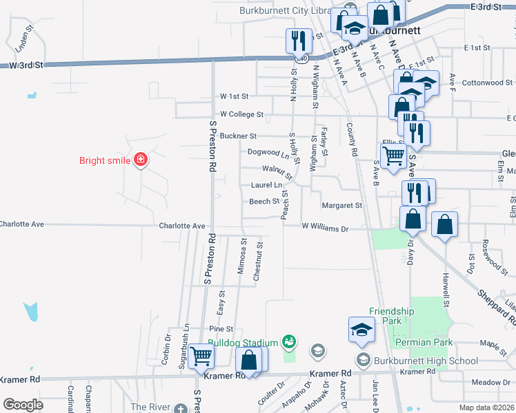 map of restaurants, bars, coffee shops, grocery stores, and more near 210 Beech Street in Burkburnett