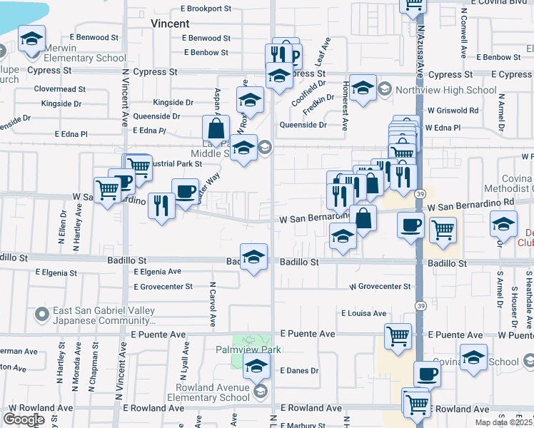 map of restaurants, bars, coffee shops, grocery stores, and more near 511 North Lark Ellen Avenue in Covina