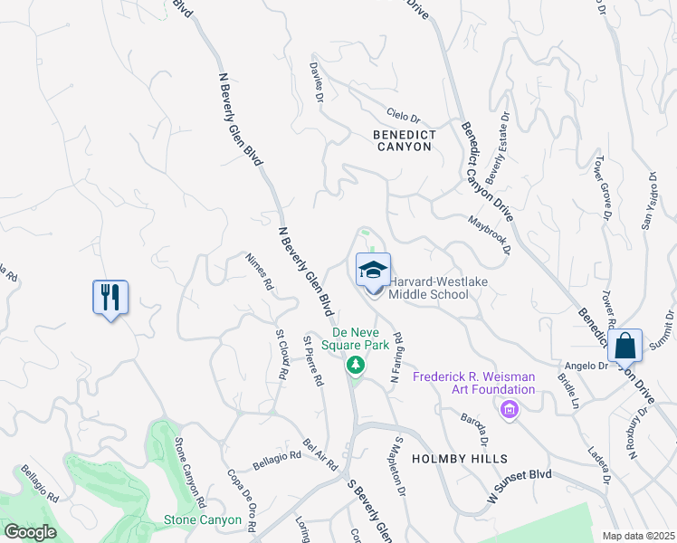 map of restaurants, bars, coffee shops, grocery stores, and more near 677 North Faring Road in Los Angeles