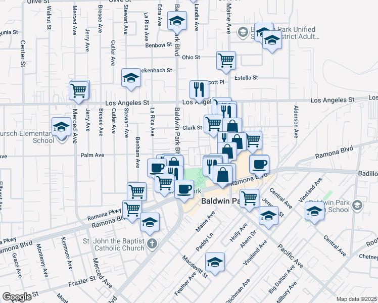 map of restaurants, bars, coffee shops, grocery stores, and more near 230 Park Shadow Court in Baldwin Park