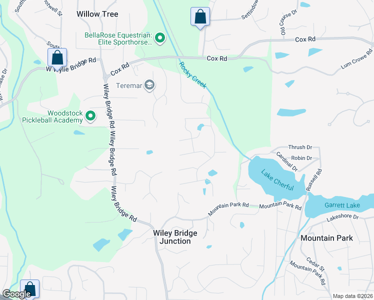 map of restaurants, bars, coffee shops, grocery stores, and more near 414 Rocky Creek Grove in Woodstock