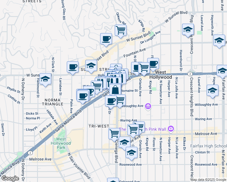 map of restaurants, bars, coffee shops, grocery stores, and more near 8512 Santa Monica Boulevard in West Hollywood