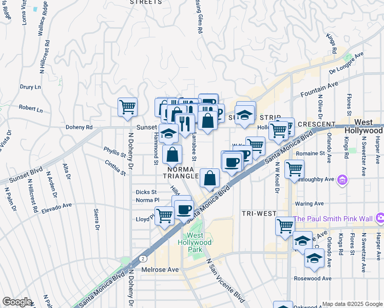 map of restaurants, bars, coffee shops, grocery stores, and more near 965 Larrabee Street in West Hollywood
