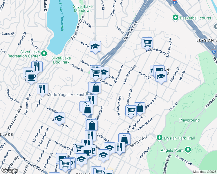 map of restaurants, bars, coffee shops, grocery stores, and more near 2109 Duane Street in Los Angeles