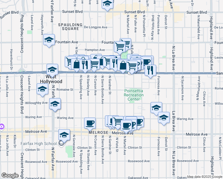 map of restaurants, bars, coffee shops, grocery stores, and more near in West Hollywood