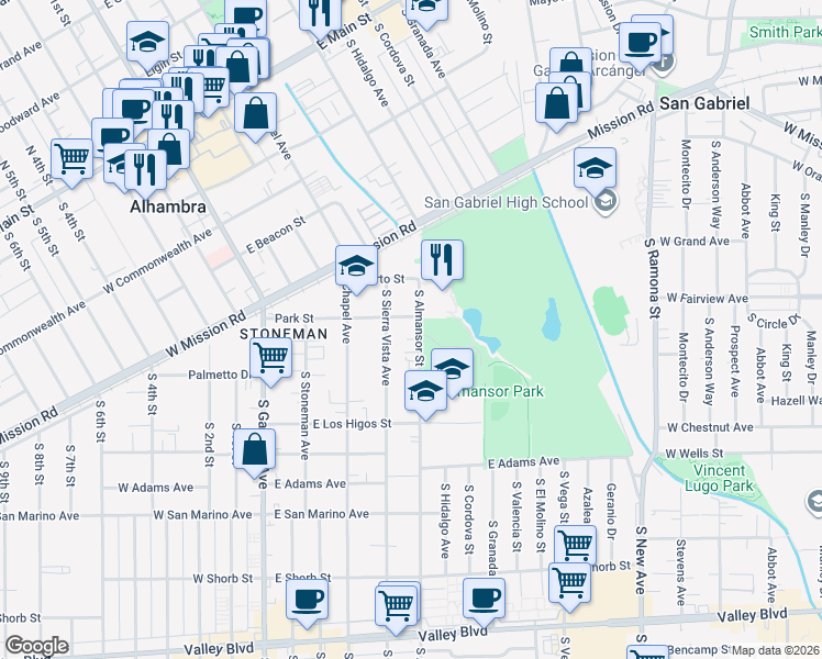 map of restaurants, bars, coffee shops, grocery stores, and more near 709 South Almansor Street in Alhambra