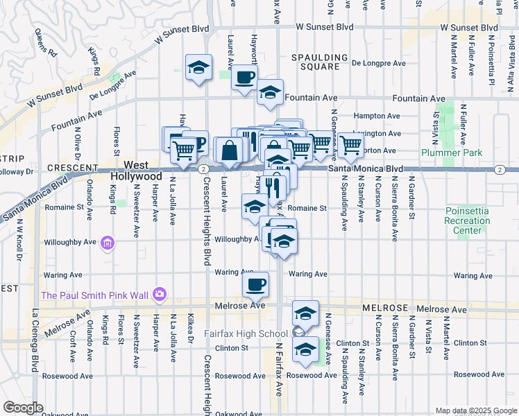 map of restaurants, bars, coffee shops, grocery stores, and more near Romaine St & N Hayworth Ave in West Hollywood