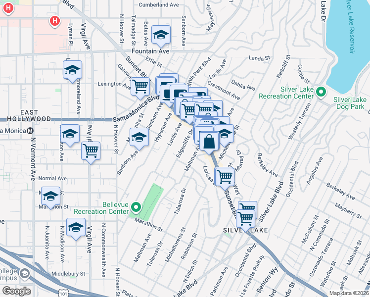map of restaurants, bars, coffee shops, grocery stores, and more near Edgecliffe Drive in Los Angeles