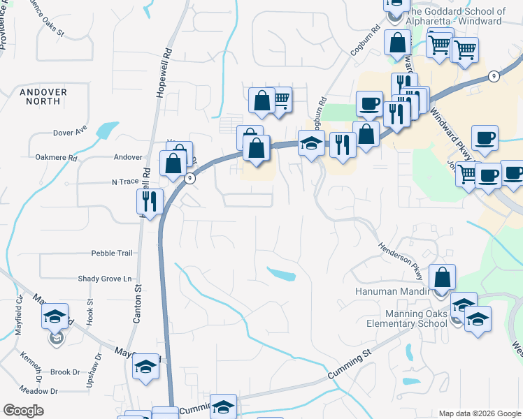 map of restaurants, bars, coffee shops, grocery stores, and more near 1130 Winthrope Chase Drive in Alpharetta
