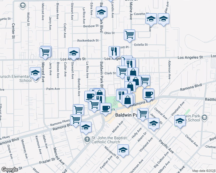 map of restaurants, bars, coffee shops, grocery stores, and more near 203 Park Shadows Court in Baldwin Park