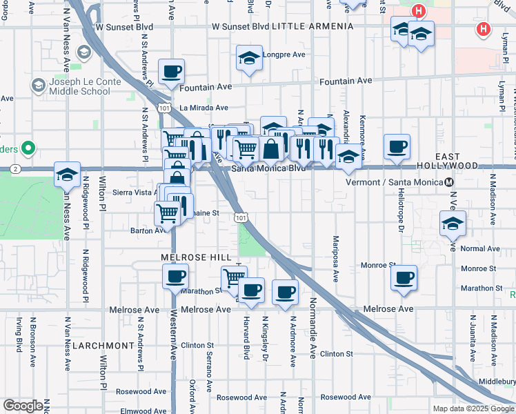 map of restaurants, bars, coffee shops, grocery stores, and more near 5151 Romaine Street in Los Angeles