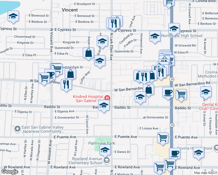 map of restaurants, bars, coffee shops, grocery stores, and more near 511 North Lark Ellen Avenue in Covina