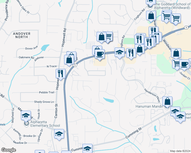 map of restaurants, bars, coffee shops, grocery stores, and more near 1115 Winthrope Chase Drive in Alpharetta