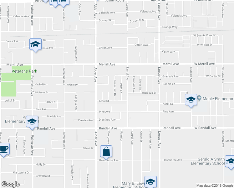 map of restaurants, bars, coffee shops, grocery stores, and more near 9087 Rosecrest Drive in Fontana
