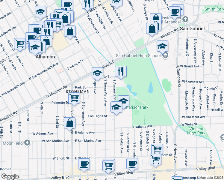 map of restaurants, bars, coffee shops, grocery stores, and more near 709 South Almansor Street in Alhambra