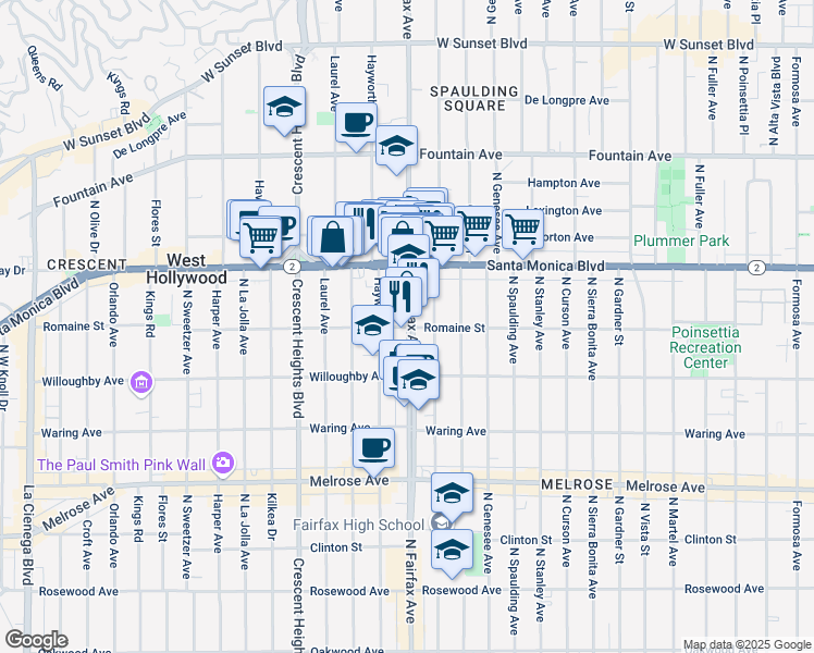 map of restaurants, bars, coffee shops, grocery stores, and more near 7911 Romaine Street in West Hollywood