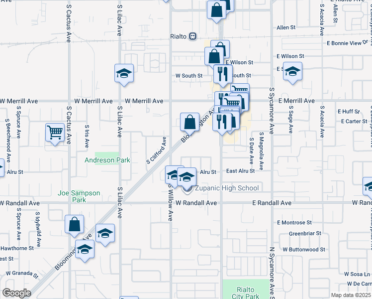 map of restaurants, bars, coffee shops, grocery stores, and more near 275 Bloomington Avenue in Rialto