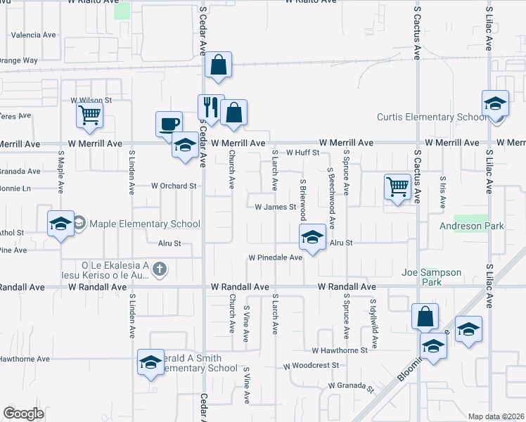 map of restaurants, bars, coffee shops, grocery stores, and more near 1141 West James Street in Rialto