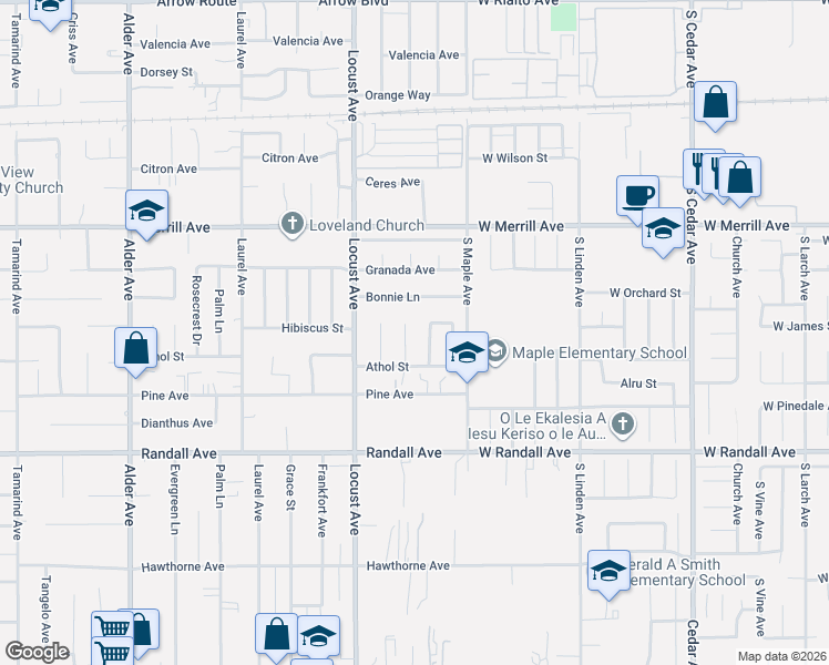 map of restaurants, bars, coffee shops, grocery stores, and more near 9086 Williams Court in Fontana